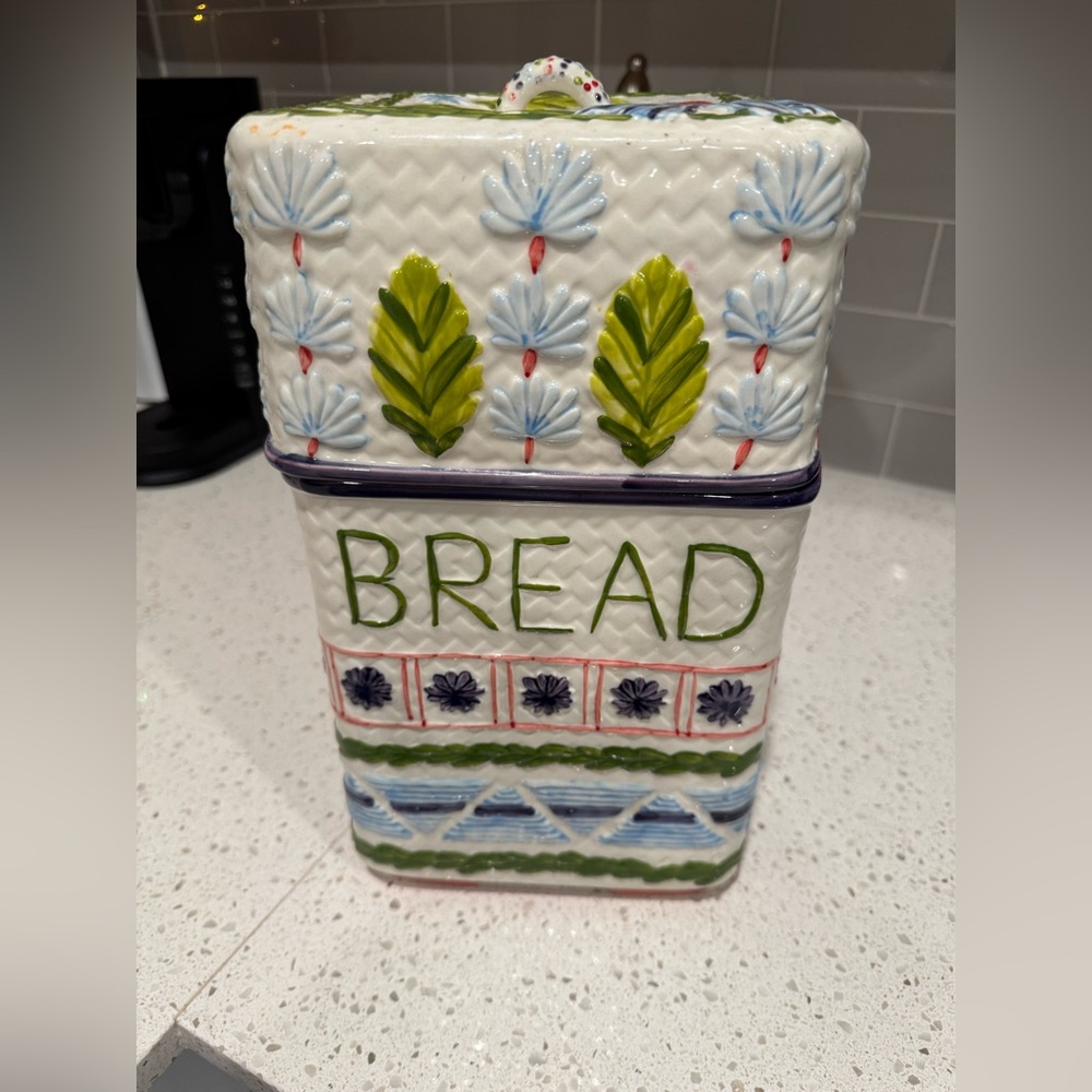 Chartreuse and Blue Leaf Motif Bread Box